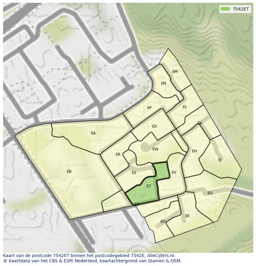 Afbeelding van het postcodegebied 7542 ET op de kaart.