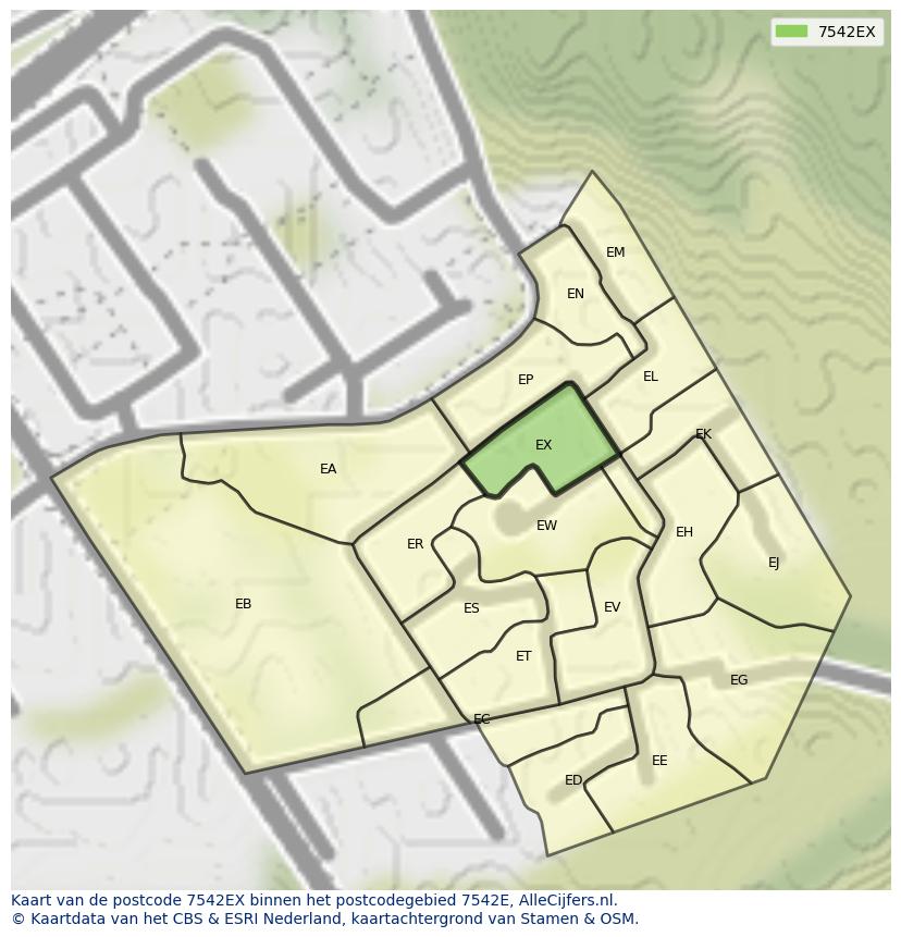 Afbeelding van het postcodegebied 7542 EX op de kaart.