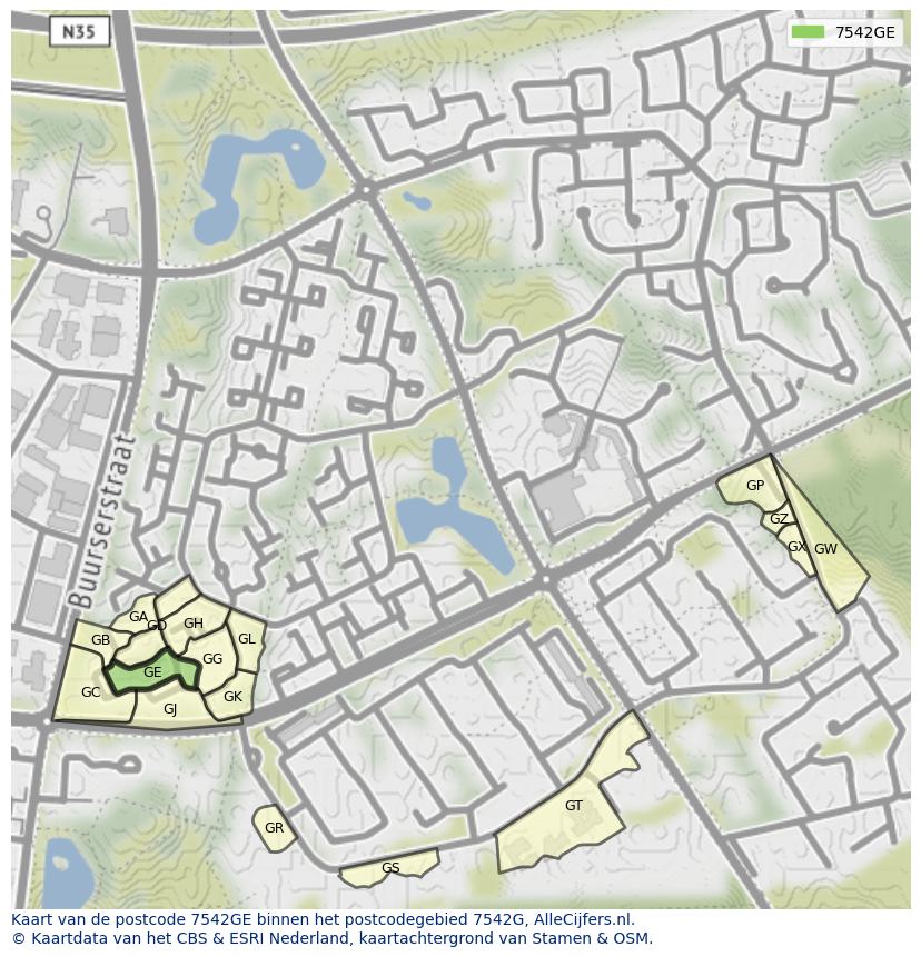 Afbeelding van het postcodegebied 7542 GE op de kaart.