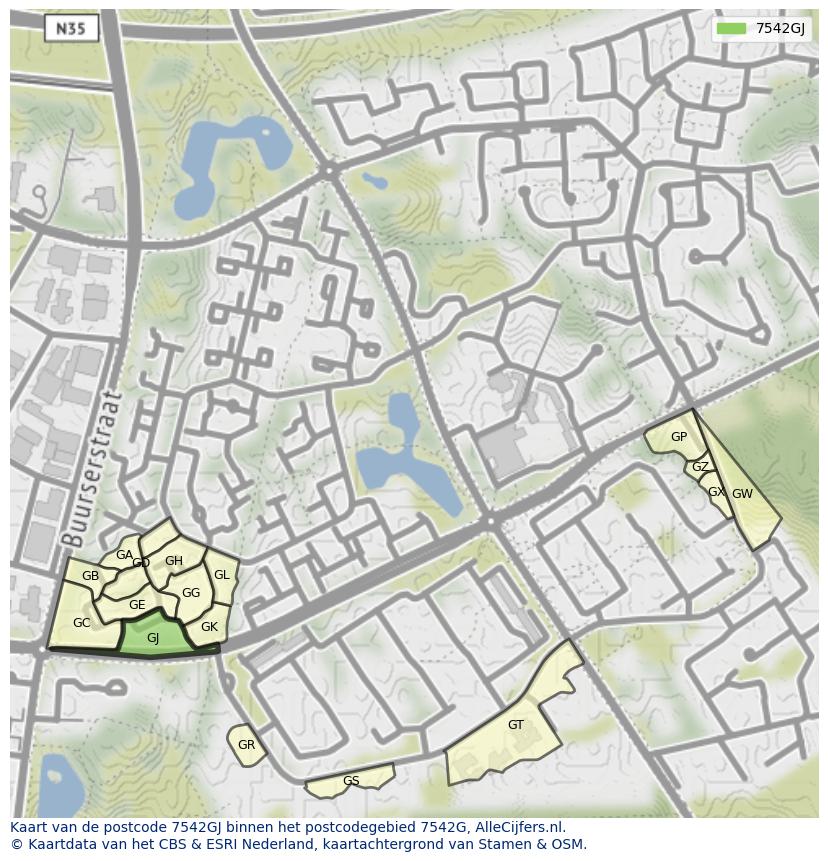 Afbeelding van het postcodegebied 7542 GJ op de kaart.