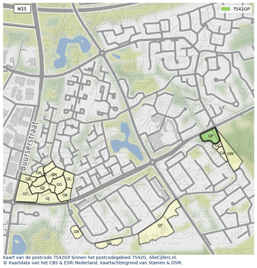 Afbeelding van het postcodegebied 7542 GP op de kaart.