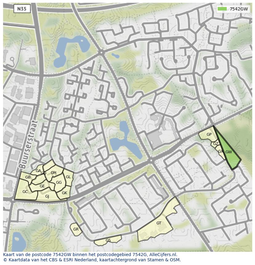 Afbeelding van het postcodegebied 7542 GW op de kaart.