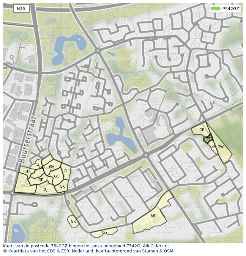 Afbeelding van het postcodegebied 7542 GZ op de kaart.
