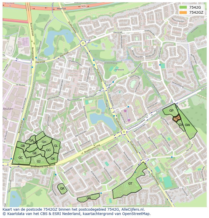 Afbeelding van het postcodegebied 7542 GZ op de kaart.