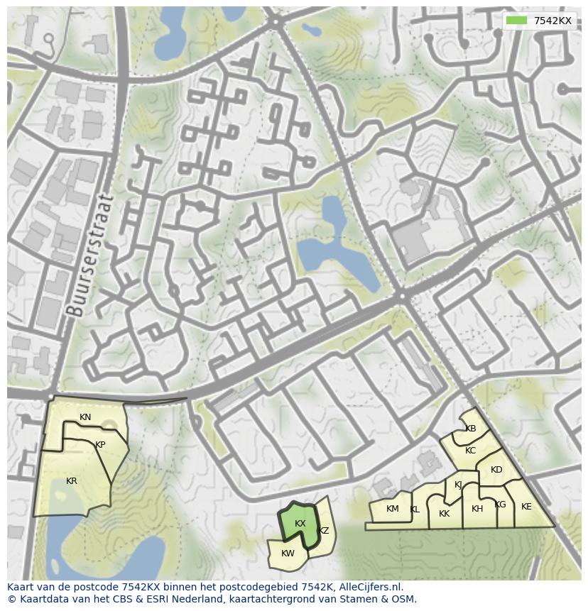 Afbeelding van het postcodegebied 7542 KX op de kaart.