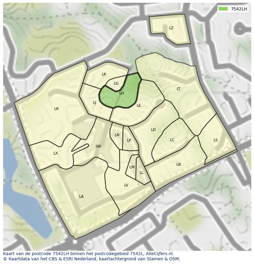 Afbeelding van het postcodegebied 7542 LH op de kaart.