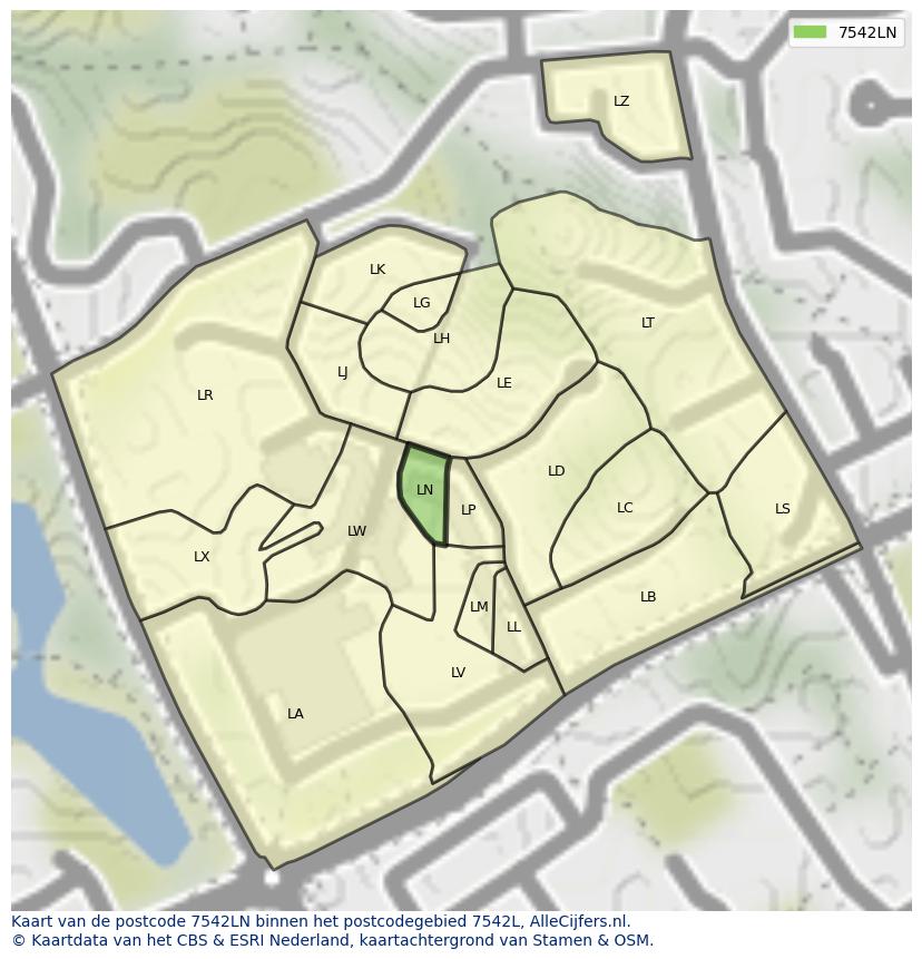 Afbeelding van het postcodegebied 7542 LN op de kaart.