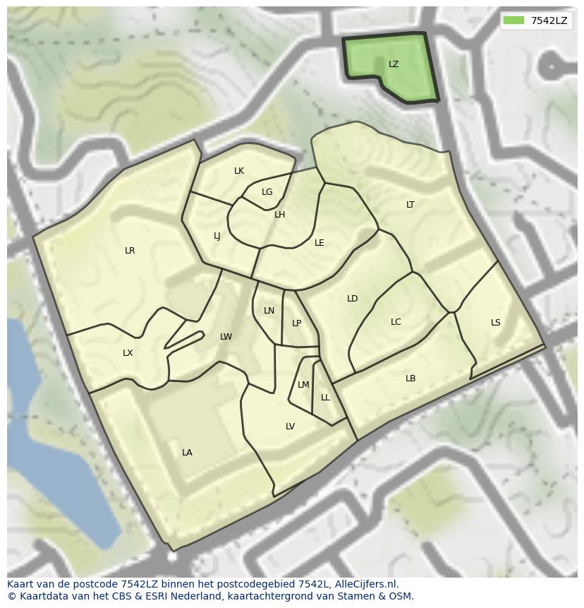 Afbeelding van het postcodegebied 7542 LZ op de kaart.
