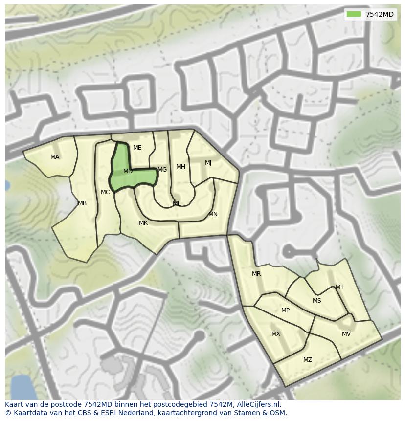 Afbeelding van het postcodegebied 7542 MD op de kaart.