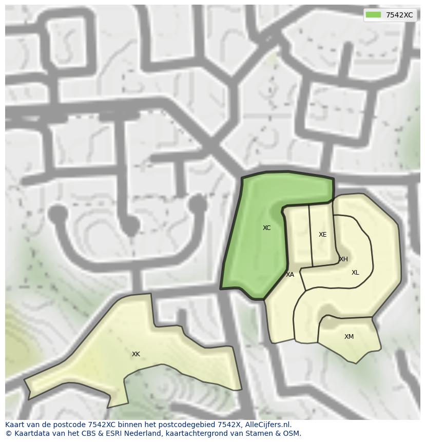 Afbeelding van het postcodegebied 7542 XC op de kaart.