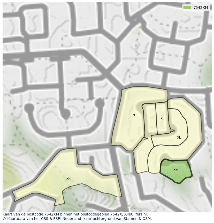 Afbeelding van het postcodegebied 7542 XM op de kaart.