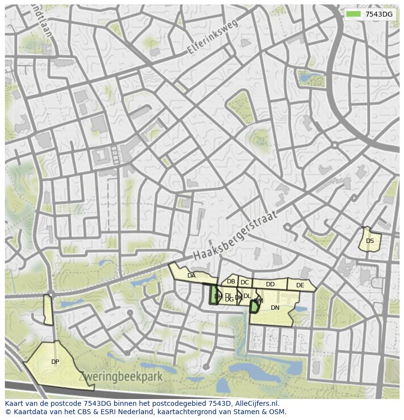 Afbeelding van het postcodegebied 7543 DG op de kaart.