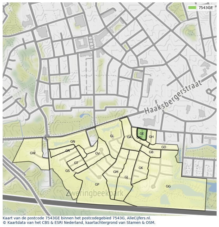 Afbeelding van het postcodegebied 7543 GE op de kaart.