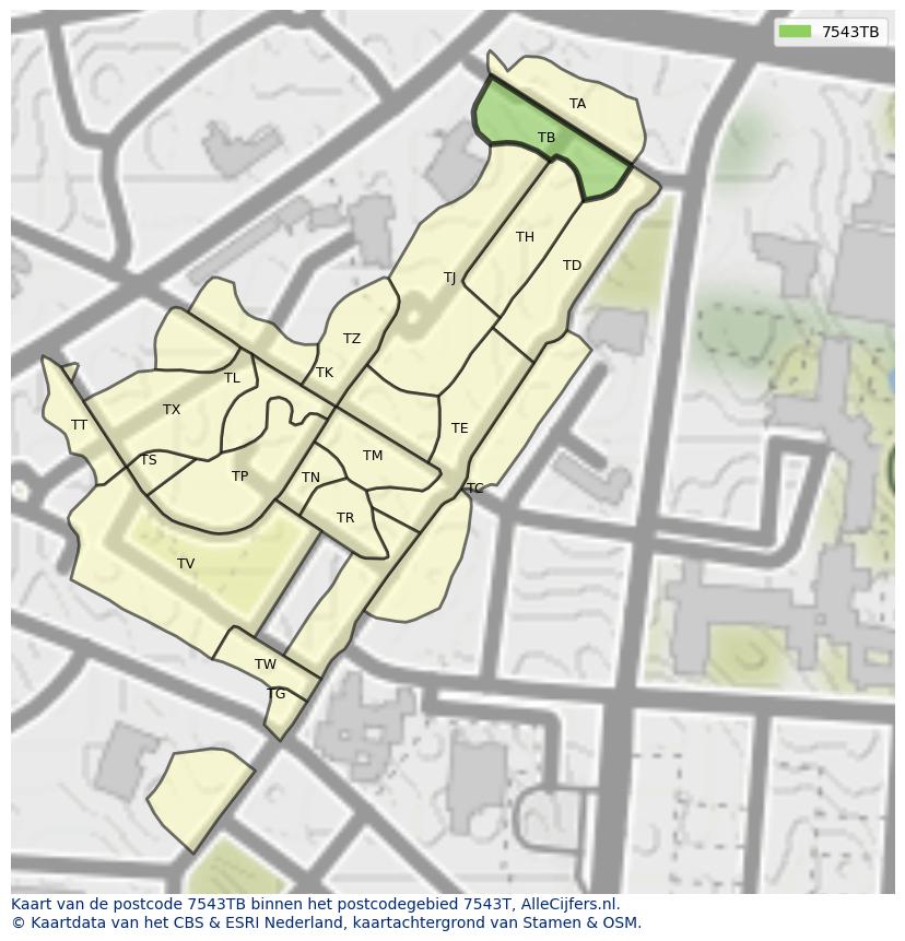 Afbeelding van het postcodegebied 7543 TB op de kaart.