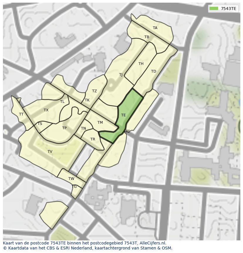 Afbeelding van het postcodegebied 7543 TE op de kaart.