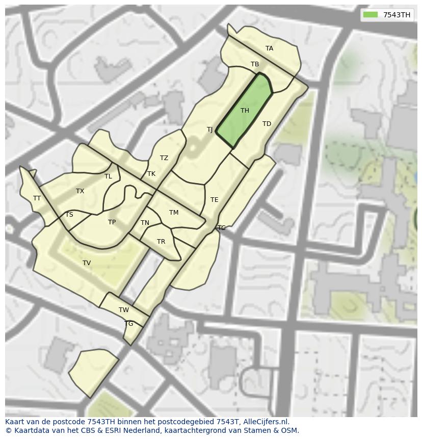Afbeelding van het postcodegebied 7543 TH op de kaart.