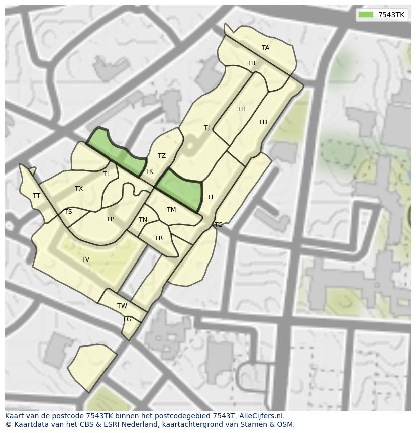 Afbeelding van het postcodegebied 7543 TK op de kaart.
