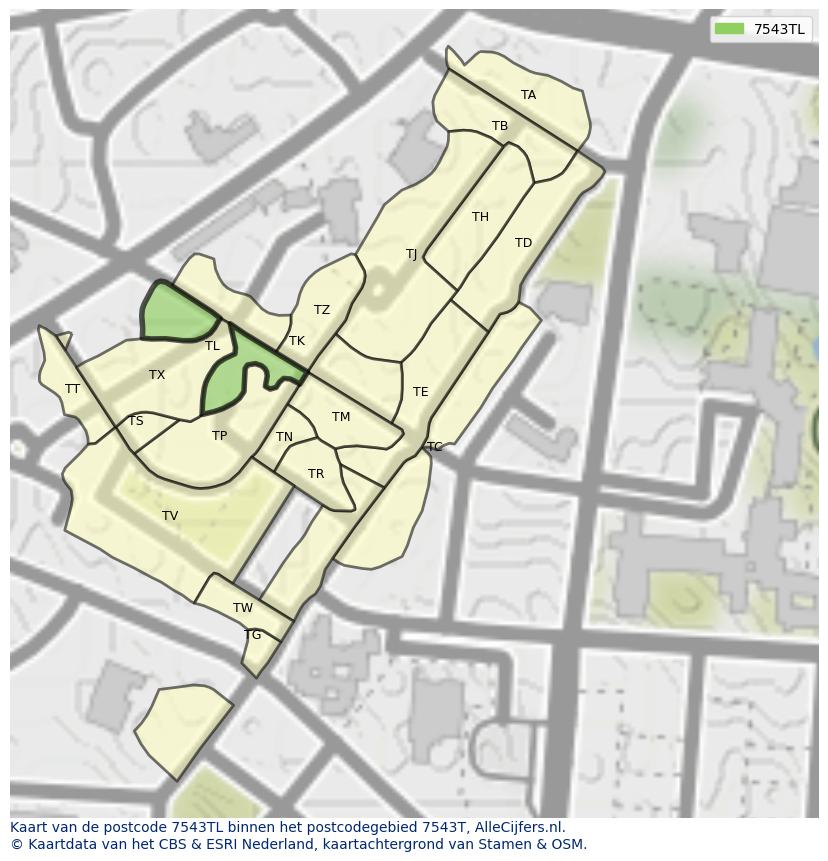 Afbeelding van het postcodegebied 7543 TL op de kaart.