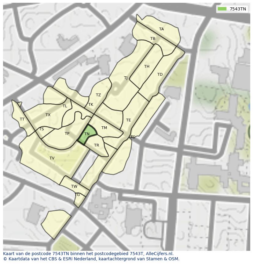 Afbeelding van het postcodegebied 7543 TN op de kaart.