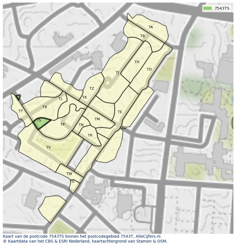 Afbeelding van het postcodegebied 7543 TS op de kaart.