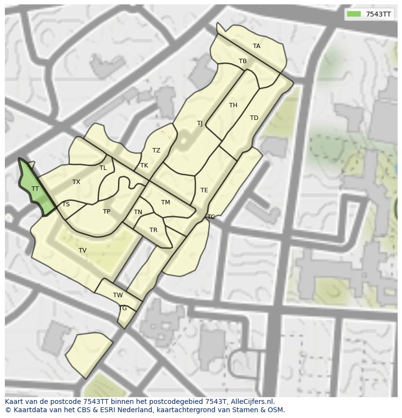 Afbeelding van het postcodegebied 7543 TT op de kaart.