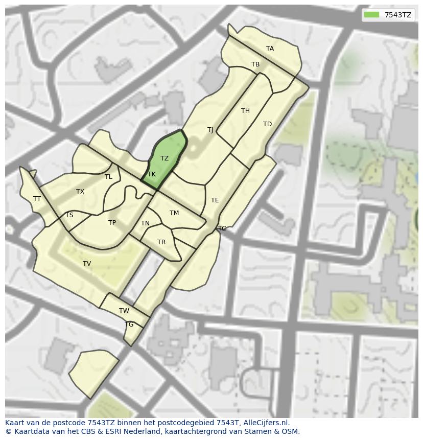 Afbeelding van het postcodegebied 7543 TZ op de kaart.