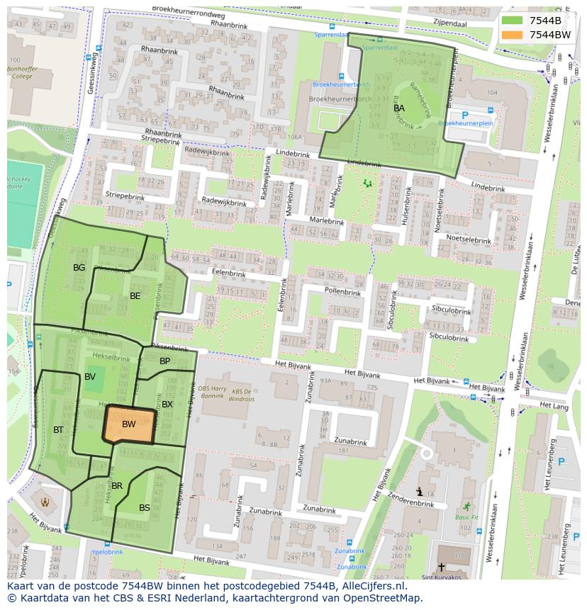 Afbeelding van het postcodegebied 7544 BW op de kaart.