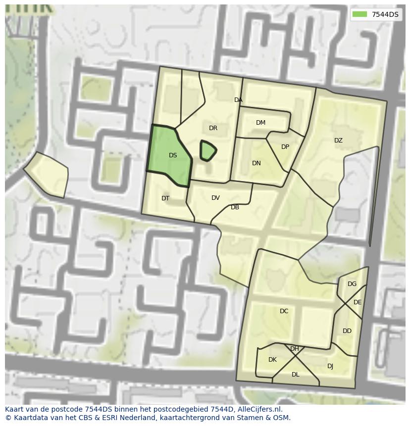 Afbeelding van het postcodegebied 7544 DS op de kaart.