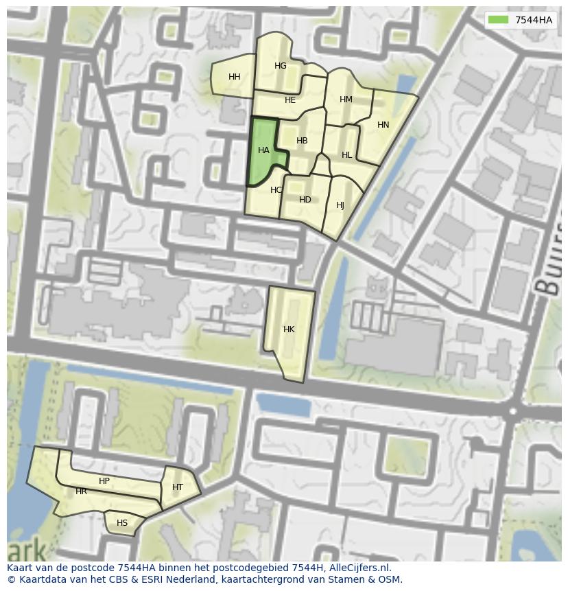Afbeelding van het postcodegebied 7544 HA op de kaart.