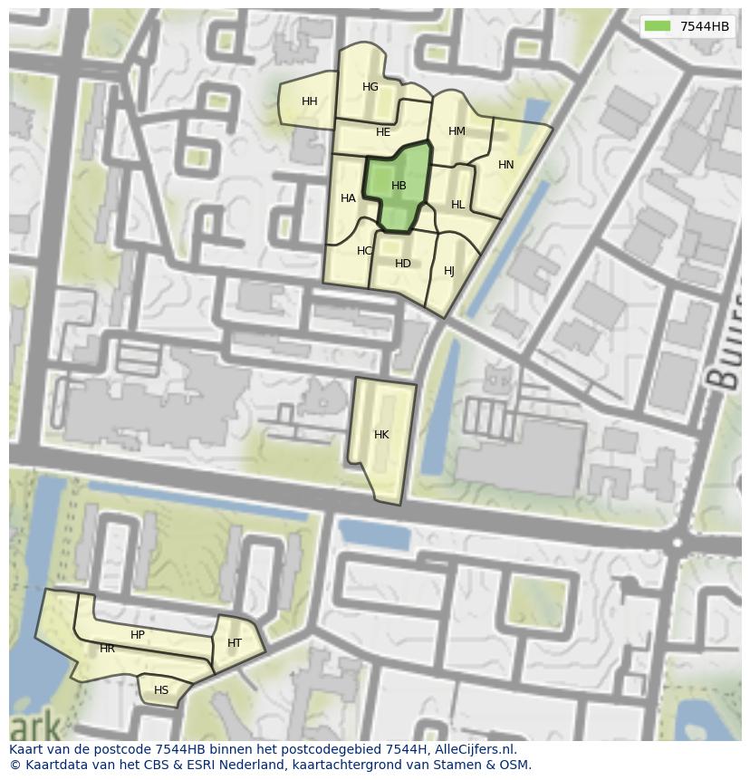 Afbeelding van het postcodegebied 7544 HB op de kaart.