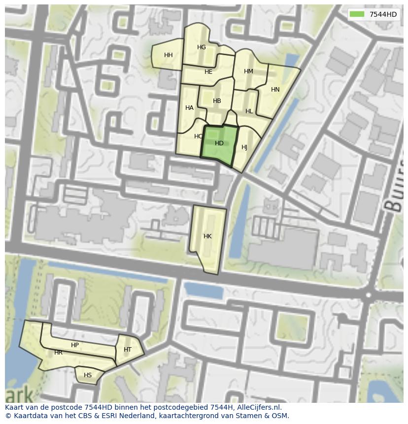 Afbeelding van het postcodegebied 7544 HD op de kaart.
