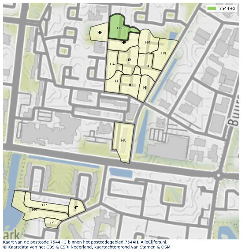 Afbeelding van het postcodegebied 7544 HG op de kaart.