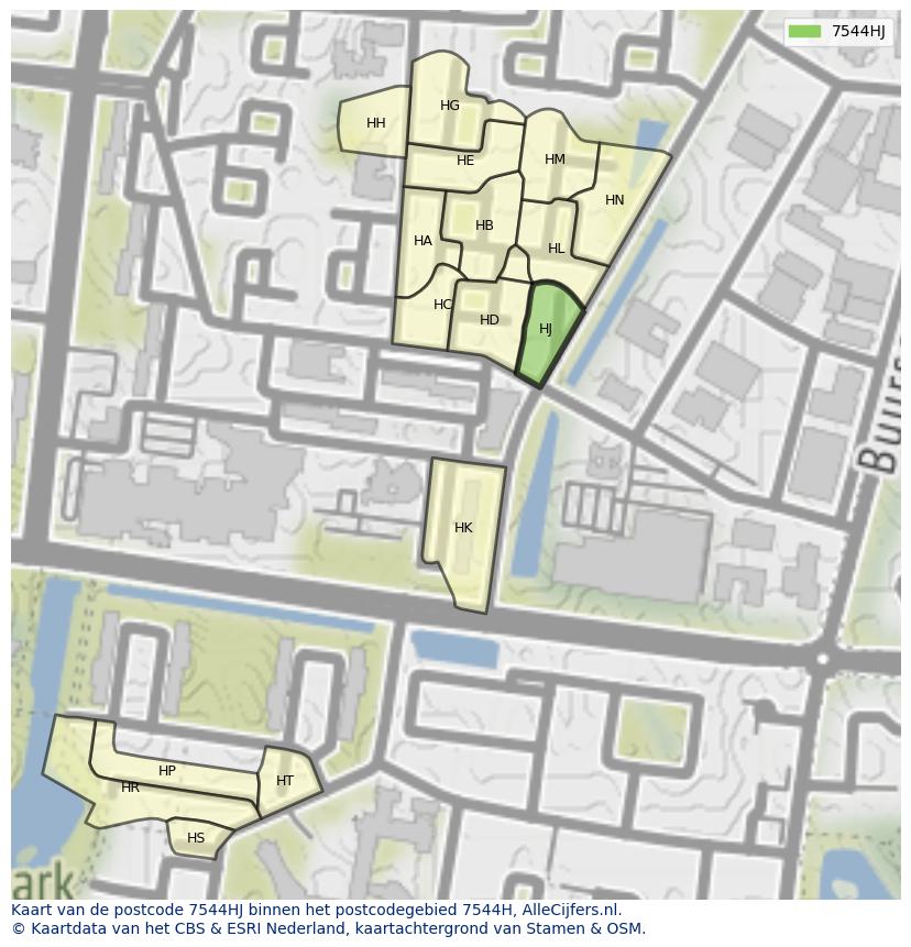 Afbeelding van het postcodegebied 7544 HJ op de kaart.