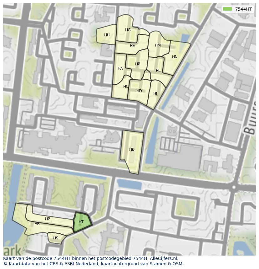 Afbeelding van het postcodegebied 7544 HT op de kaart.