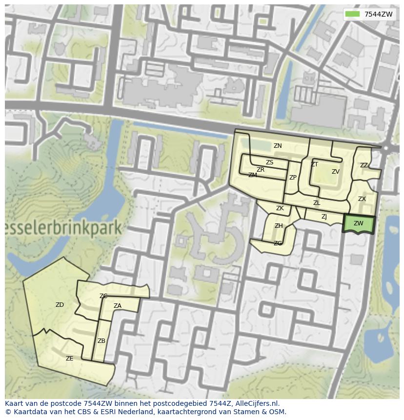 Afbeelding van het postcodegebied 7544 ZW op de kaart.