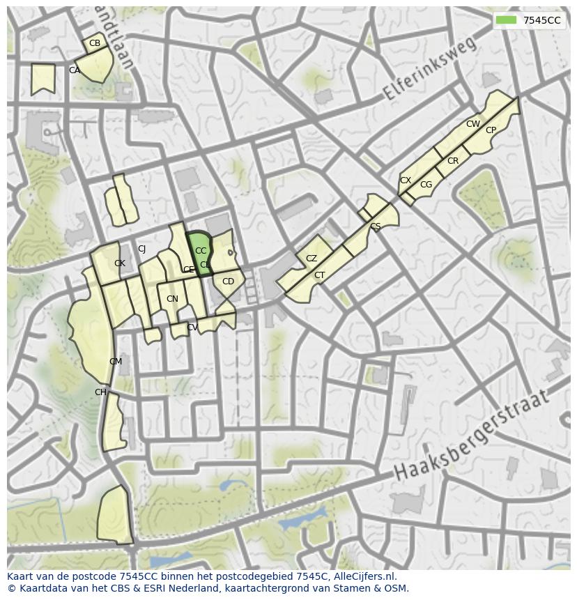 Afbeelding van het postcodegebied 7545 CC op de kaart.