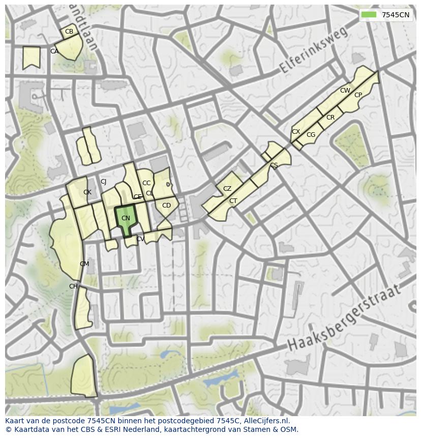 Afbeelding van het postcodegebied 7545 CN op de kaart.