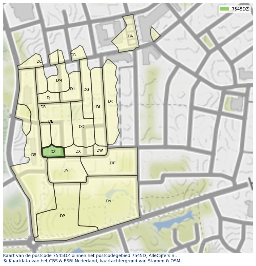Afbeelding van het postcodegebied 7545 DZ op de kaart.