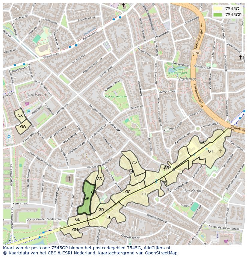 Afbeelding van het postcodegebied 7545 GP op de kaart.