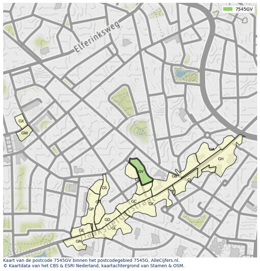 Afbeelding van het postcodegebied 7545 GV op de kaart.