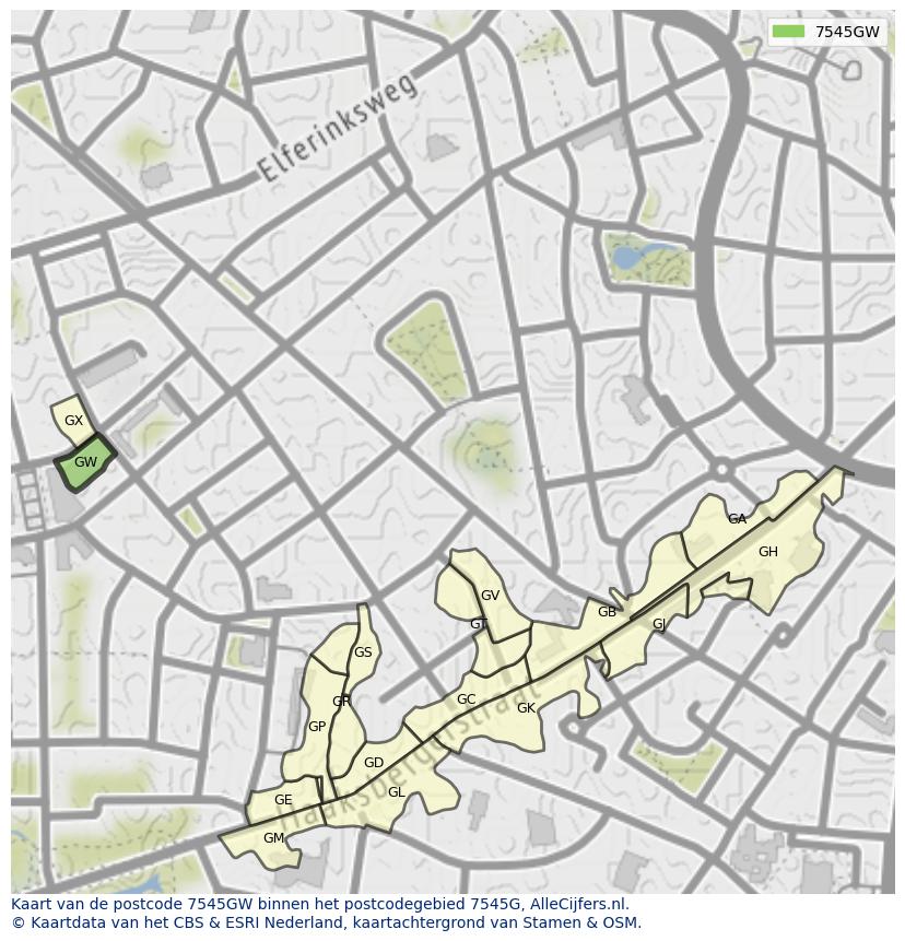 Afbeelding van het postcodegebied 7545 GW op de kaart.