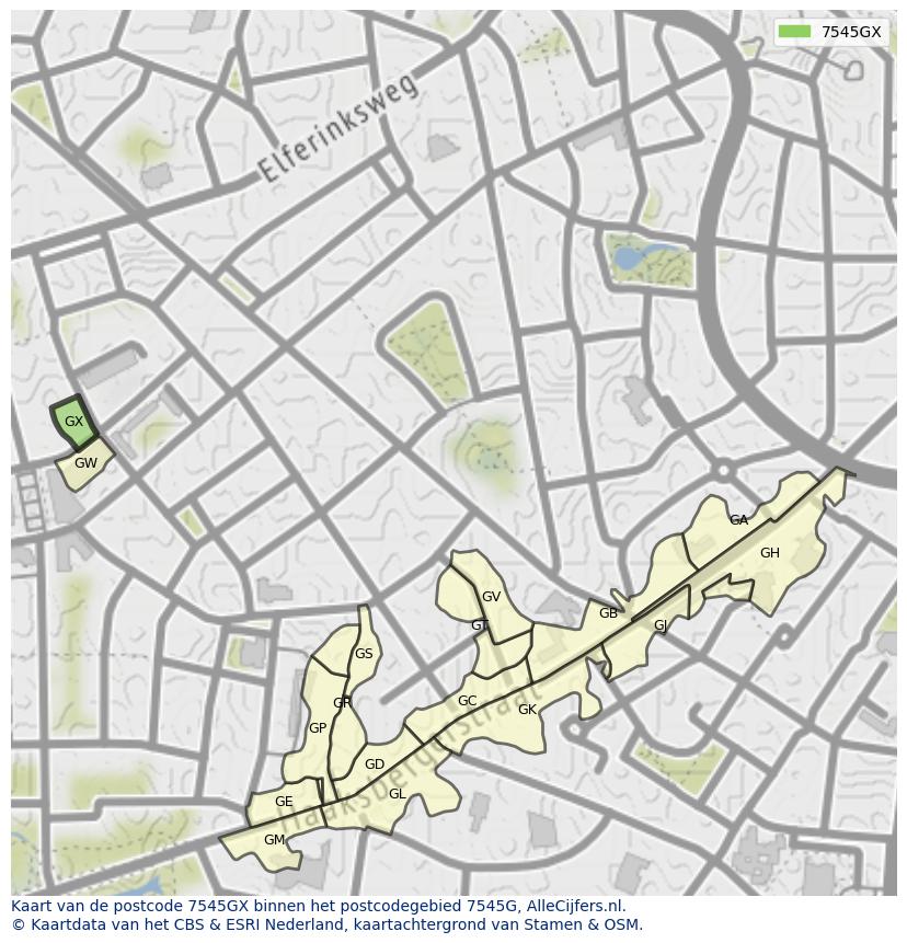 Afbeelding van het postcodegebied 7545 GX op de kaart.