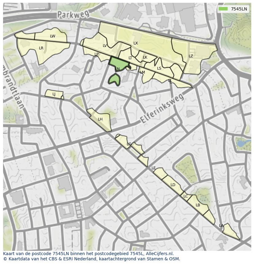 Afbeelding van het postcodegebied 7545 LN op de kaart.