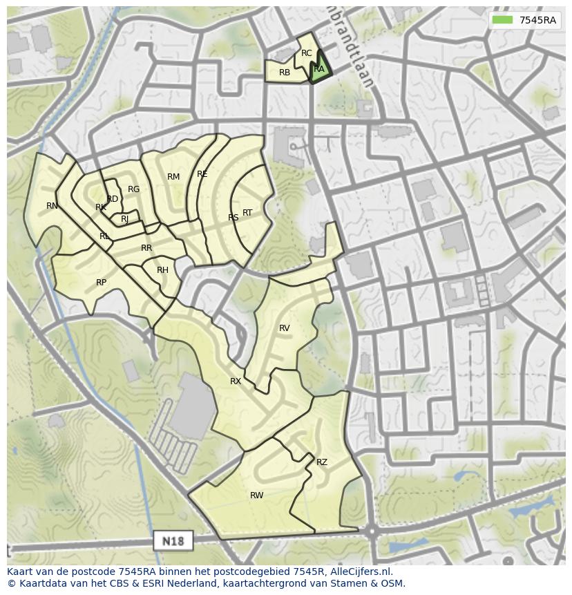 Afbeelding van het postcodegebied 7545 RA op de kaart.