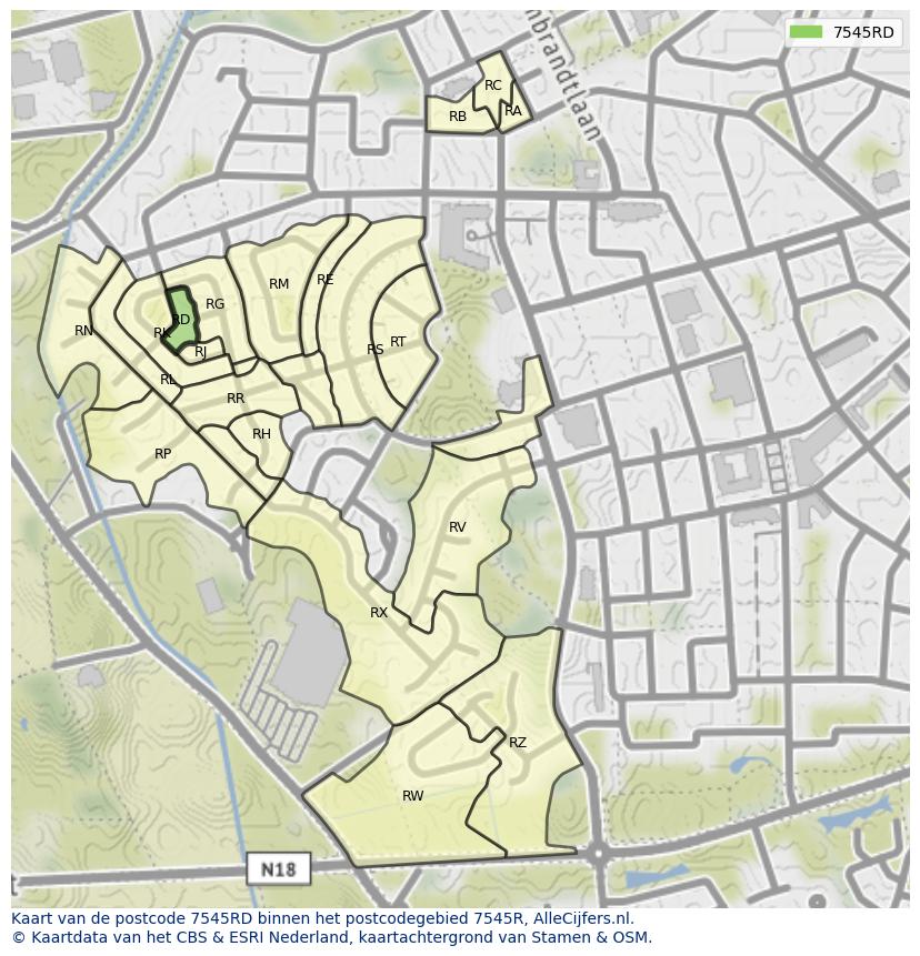 Afbeelding van het postcodegebied 7545 RD op de kaart.