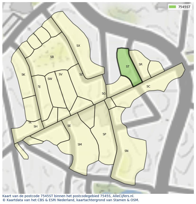 Afbeelding van het postcodegebied 7545 ST op de kaart.