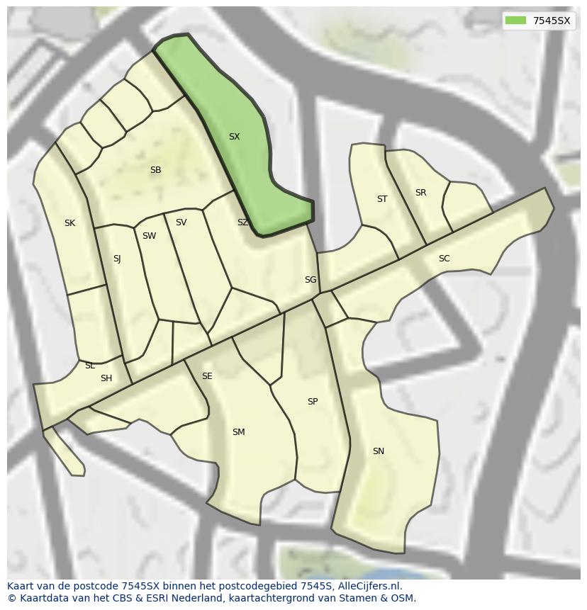 Afbeelding van het postcodegebied 7545 SX op de kaart.