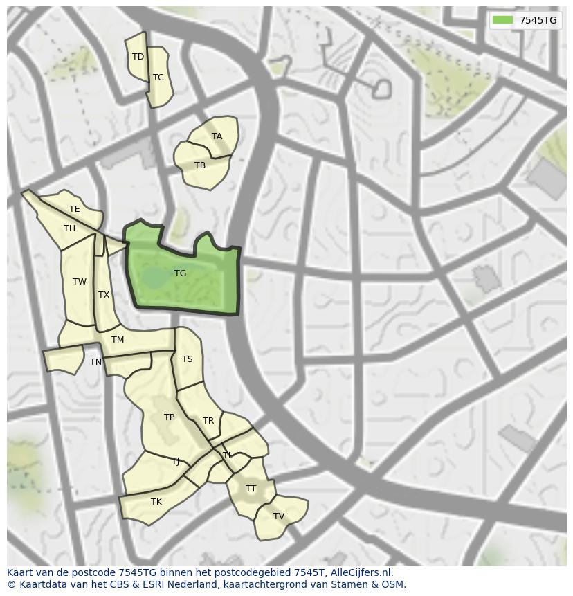 Afbeelding van het postcodegebied 7545 TG op de kaart.