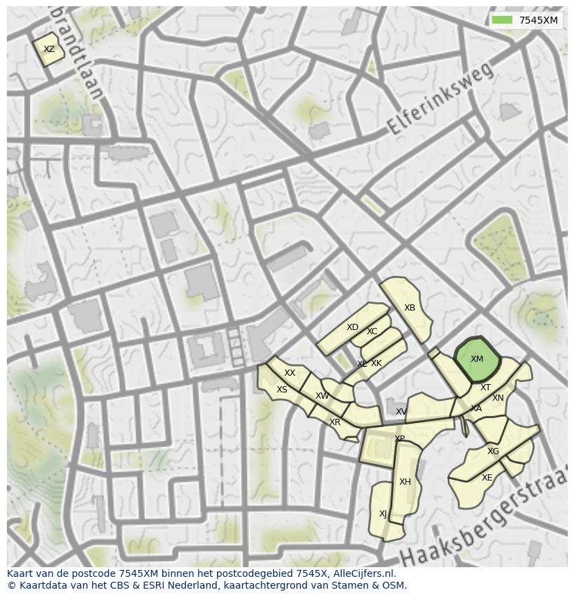 Afbeelding van het postcodegebied 7545 XM op de kaart.