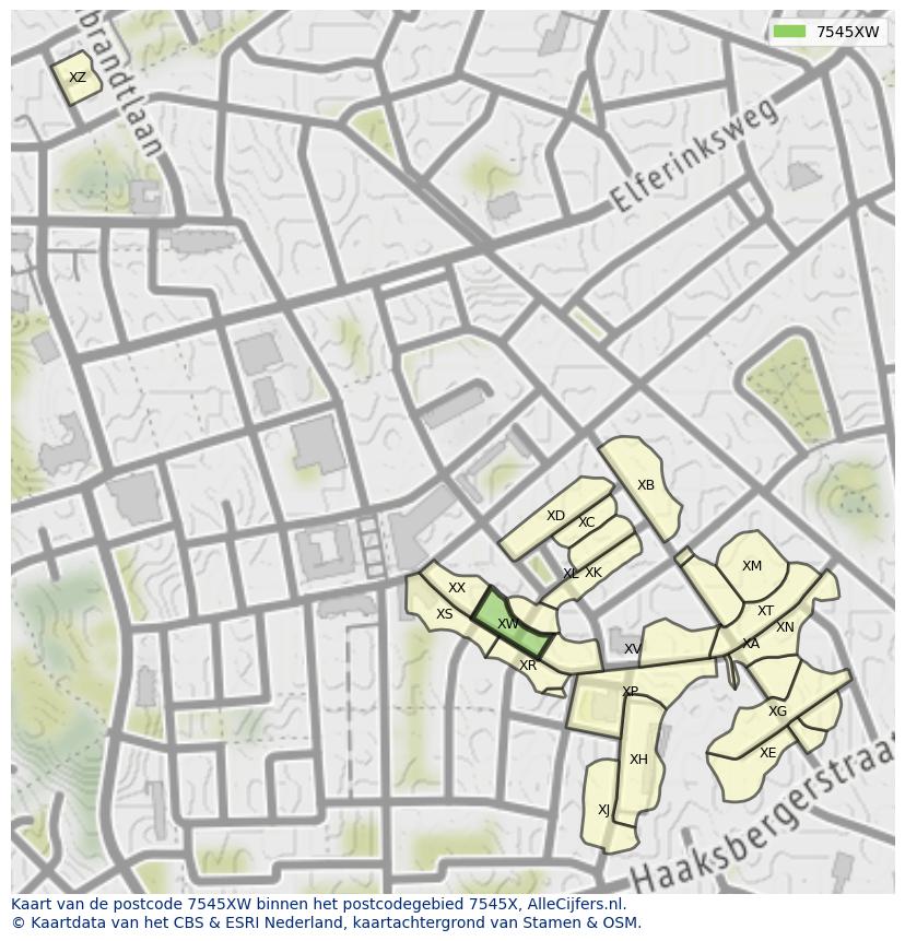 Afbeelding van het postcodegebied 7545 XW op de kaart.